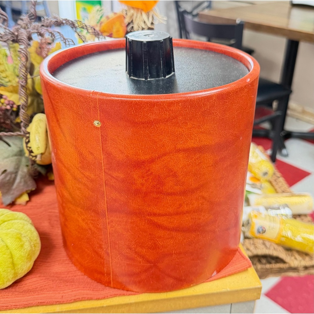 Vintage Irvinware Orange Faux Leather Ice Bucket Mid Century Modern Made in USA
